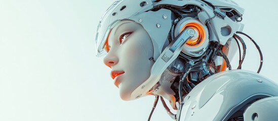 Poster - 3D rendering of a robotic woman recharging with cables connected to her head representing the concept of artificial intelligence