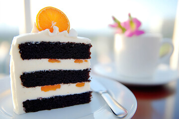 A slice of chocolate cake with orange filling and frosting, with an orange slice on top, sits on a white plate with a silver knife. Generated with AI.