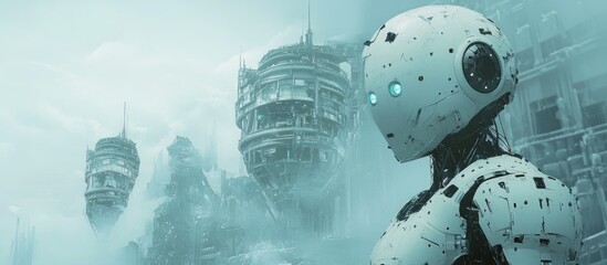 Poster - Robots in a futuristic imaginative setting explore science fiction and AI concepts through surreal artwork and 3D illustrations showcasing a conceptual painting style