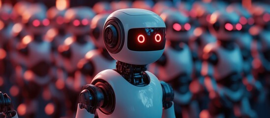 Poster - White chatbot robot guiding a group of robots against a dark bluish red backdrop illustrating the concept of leadership in a 3D rendering