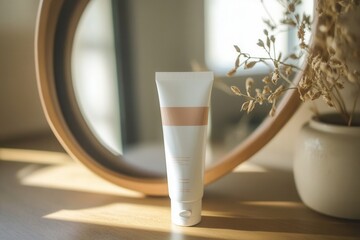 Aufkleber - A tube of cream stands upright on a wooden table, casting a soft reflection in a round mirror lit by gentle morning sunlight. Generative AI