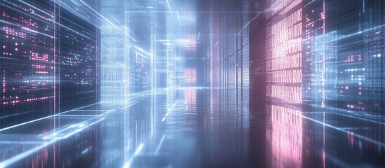 Poster - Abstract hologram of virtual binary code in a minimalist interior representing AI and machine learning concepts with multiple exposures
