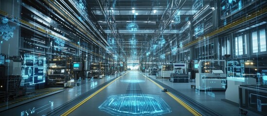 Poster - Industrial technology theme showcasing communication networks and automation in manufacturing for Industry 4 0