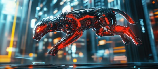Wall Mural - cyber dog soaring in mid air side view 3d illustration