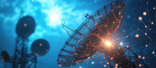 Poster - Telecommunication antenna against a blue sky showcasing advanced technology and network textures