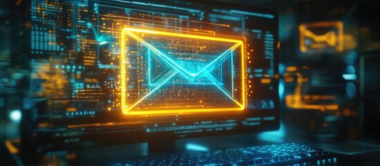 Poster - Holographic envelope illustration above a computer with a desktop backdrop Aerial perspective Dual exposure Concept of technology