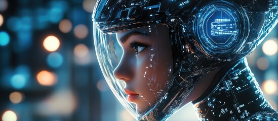 Poster - Close up macro 3D illustration of a female robot in a chrome helmet featuring a character illuminated by light against a conceptual technological circuit backdrop