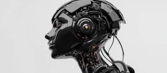 Poster - Intricate depiction of a black AI robot set against a white background 3D illustration with high quality rendering and computer graphics