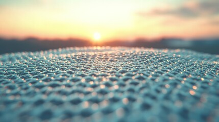   Close-up of a surfboard under the setting sun over the ocean