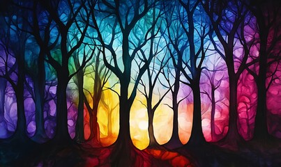 Wall Mural - Abstract Watercolor Painting of a Silhouetted Forest with Vibrant Colors