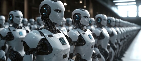 Poster - 3D rendering of a robotic army or a team of cyborgs inside a manufacturing facility