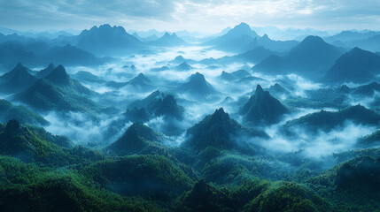 Poster - Misty morning over a mountain range with a blue sky.