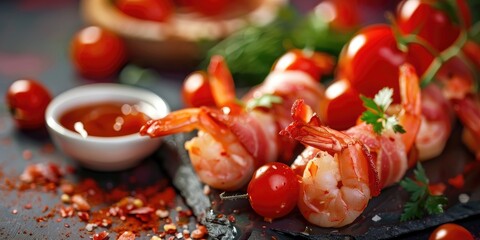 Poster - Shrimp wrapped in bacon with cherry tomatoes and a side of cocktail sauce