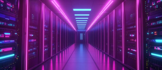 Poster - Futuristic server room corridor featuring supercomputer racks neon lighting and cooling units 3D rendered illustration