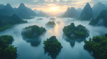 Poster - Misty sunrise over a river in a mountain landscape, with green islands and the sun peeking through the clouds.