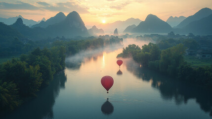 Canvas Print - Two hot air balloons float over a river in a misty valley at sunrise.