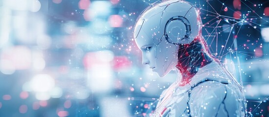 Poster - White male humanoid in a blurred setting interacting with a 3D rendered digital global network