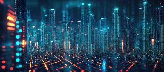 Poster - Digital transformation of smart city concepts Nighttime urban skyline illuminated with band lights Advanced internet communication through 5G technology and fiber optics
