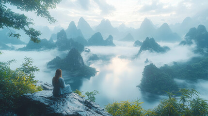 Poster - A young woman in a blue dress sits on a cliff overlooking a misty mountain lake.