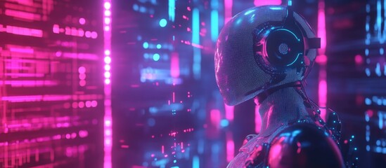 Poster - Concept of using AI technology to replace human roles with its ability to swiftly and accurately analyze data featuring images generated by 3D software and graphics 3D render