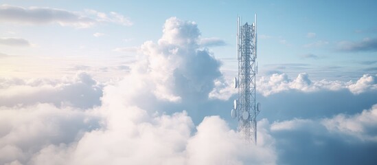 Poster - Telecommunication tower against a cloud filled sky Cellular network infrastructure for digital wireless communication with receiving antennas