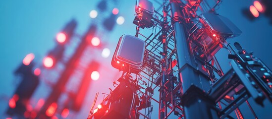 Poster - Telecommunication tower for 4G LTE Advanced and 5G networks featuring radio modules and equipment for 5G radio connectivity