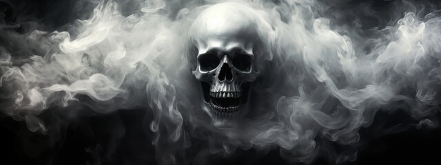 Scary evil skeleton skull with smoke on black background. Halloween and Day of the Dead concept. No Smoking campaign. Gothic style. Spooky concept for design greeting card, banner, poster