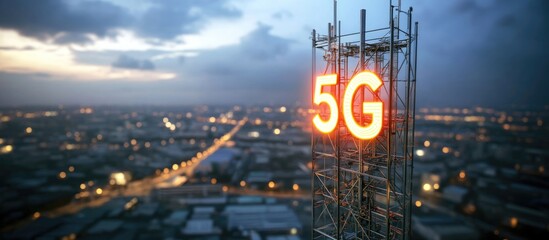 Poster - Telecommunication tower featuring 5G cellular network antennas set against an industrial backdrop