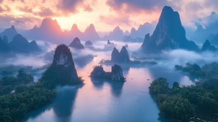 A serene landscape of misty mountains and a still river at sunrise.