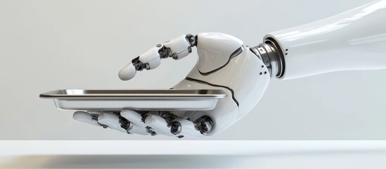 Poster - cartoon robot hand grasping a metal tray isolated on a white background 3d rendering