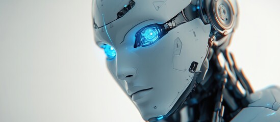 Poster - Partially blurred humanoid robot featuring luminous blue eyes Vertical orientation