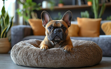 Canvas Print - A French Bulldog sits patiently in its cozy bed, looking directly at the camera.