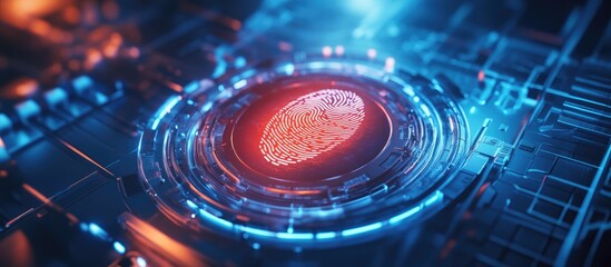 Poster - Top view of a modern digital tablet showcasing a creative fingerprint hologram representing the concept of personal biometric data 3D rendering