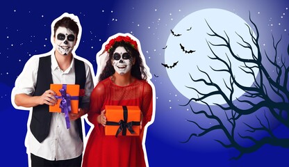 Poster - Young couple dressed for Halloween with gifts at night