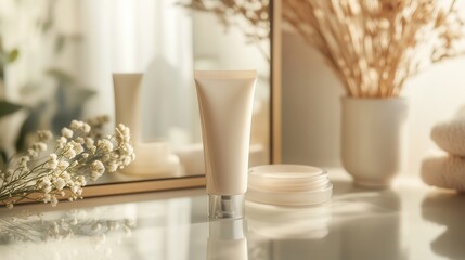 Aufkleber - A cream tube stands upright, reflecting beautifully in a mirror while a cozy bathroom setting features dried flowers and soft materials. Generative AI