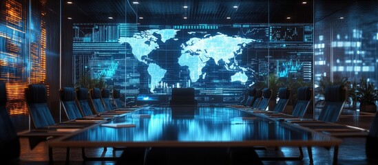 Aufkleber - Multi exposure of an abstract coding sketch blended with a world map in a contemporary conference room setting reflecting concepts of artificial intelligence and neural networks