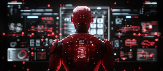 Aufkleber - Red robot accessing a global system interface on a dark backdrop 3D rendering