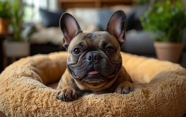 Canvas Print - A French bulldog sits in a cozy bed, looking straight at the camera with a smile.