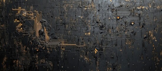 Poster - Abstract grunge background featuring futuristic cyber technology Sci fi circuit patterns on a weathered surface Scratches and marks create a unique urban engineering vibe Cyberpunk aesthetic