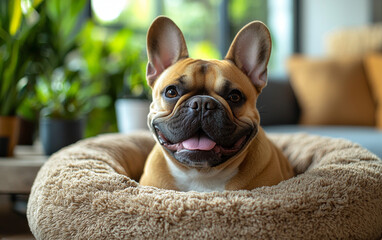 Canvas Print - A happy French Bulldog relaxes in its bed, with a big smile and tongue out.