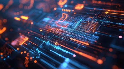 Fototapete - Holographic blockchain themed designs displayed on a computer monitor captured from a top down perspective with a double exposure effect