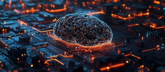 Aufkleber - Abstract concept of an AI brain showcasing the functionality of artificial intelligence and a futuristic digital landscape