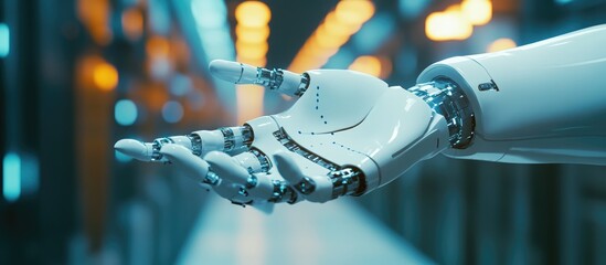 Poster - White robotic hand on a blurred background safeguarding digital data in a 3D render