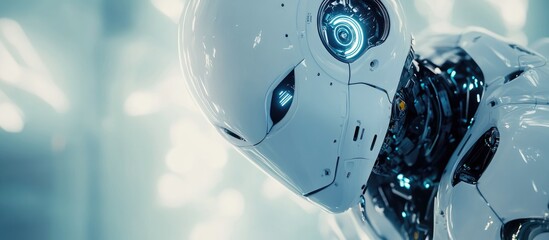 Poster - White robot against a blurred backdrop generating a 3D rendering of futuristic technology structure