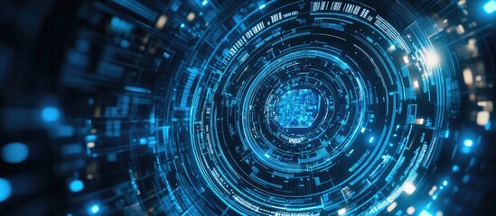 Aufkleber - Abstract representation of artificial intelligence within a circular digital background featuring light blue computer systems and technology elements
