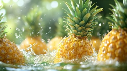 Wall Mural - Pineapples in refreshing water with splashes and sunlight