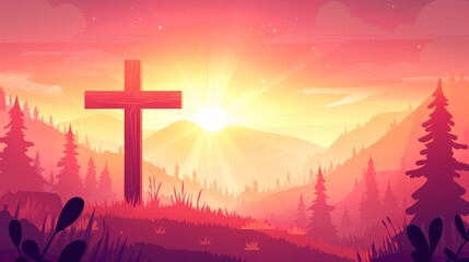 Cross at sunrise in a vibrant mountain landscape