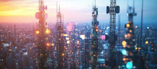 Poster - Cellular technology 3G 4G and 5G base stations telecommunication towers and wireless communication antenna transmitters in urban communication system development