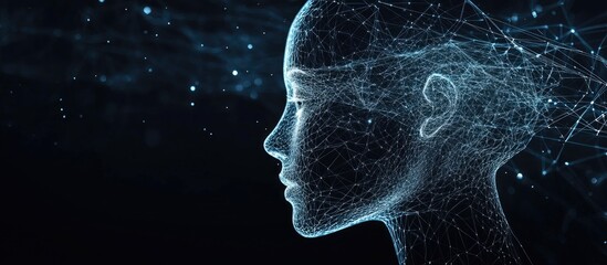 Wall Mural - high resolution 3d wireframe representation of a female head on a dark background symbolizing techno