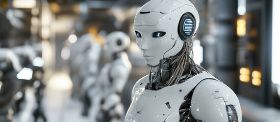 Poster - Advanced manufacturing with a 3D humanoid robot operating on the production line showcasing machine collaboration and the evolution of smart industry technology